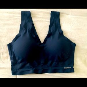 Sports bra: Navy blue gently worn in size M, spandex & nylon hand wash preferred